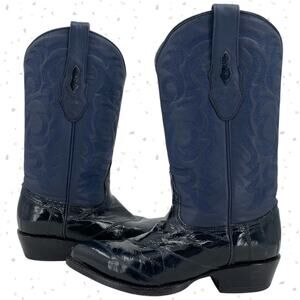 Navy Blue Eel Skin Cowboy Boots Calf Leather Western Rodeo Los Altos Size 8